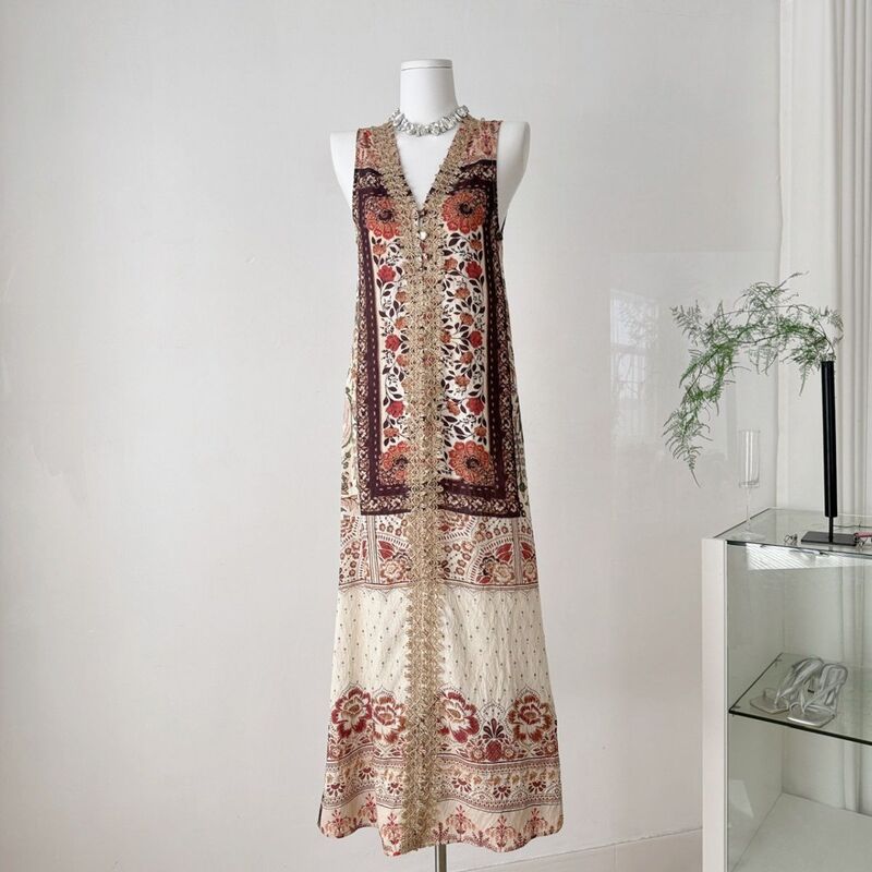 Vintage-Style Bohemian Design V-Neck Patchwork Fashion Dress Slimming Sleeveless Tank Long Dress for Summer