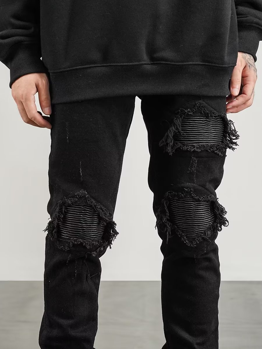 Patch wrap high elastic tight fitting small leg jeans for men's casual slim fit long pants, soft denim pants, one piece for hair replacement_voghion.com