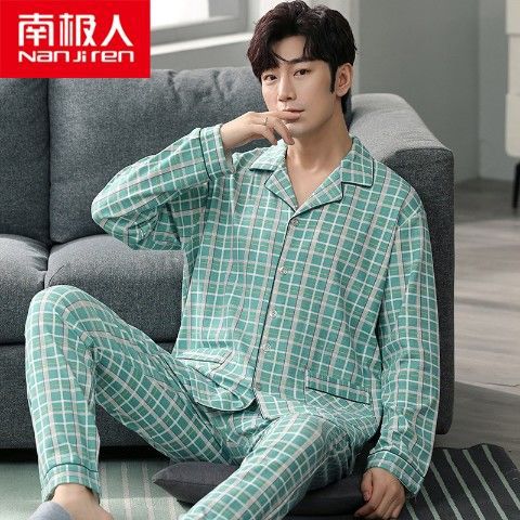 Pijamas de los hombres manga larga 100% algodón primavera, otoño e invierno algodón flojo más tamaño traje desgaste del hogar