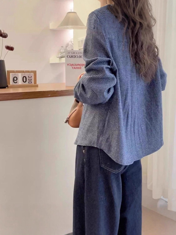 法式小格子长袖衬衫女春秋新款小个子复古灯笼袖翻领开衫衬衣上衣|undefined