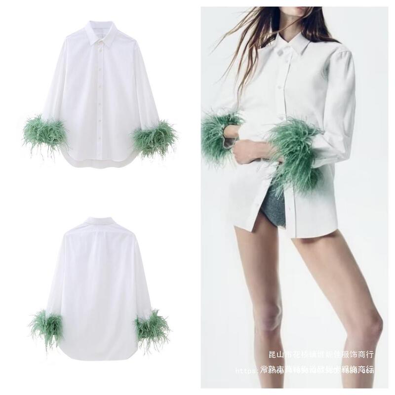 Women's Autum European and American Fashion Elegant Cuffs Feather Poplin Boyfriend Style White Shirt 2165003