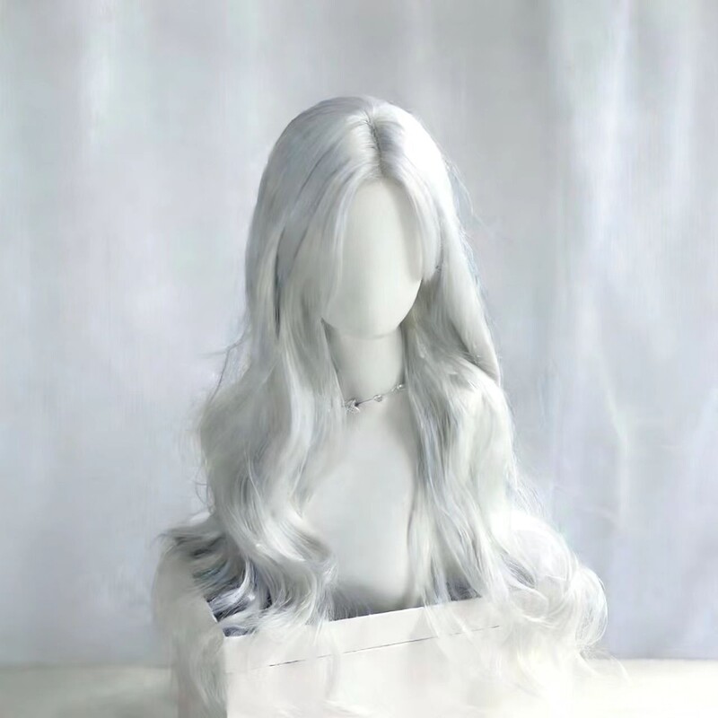 Wig for Women, Silver-Gray Lace Front, Large Wavy Long Curly Hair with Bangs, Jk Lolita Style, Daily Full Head Wig