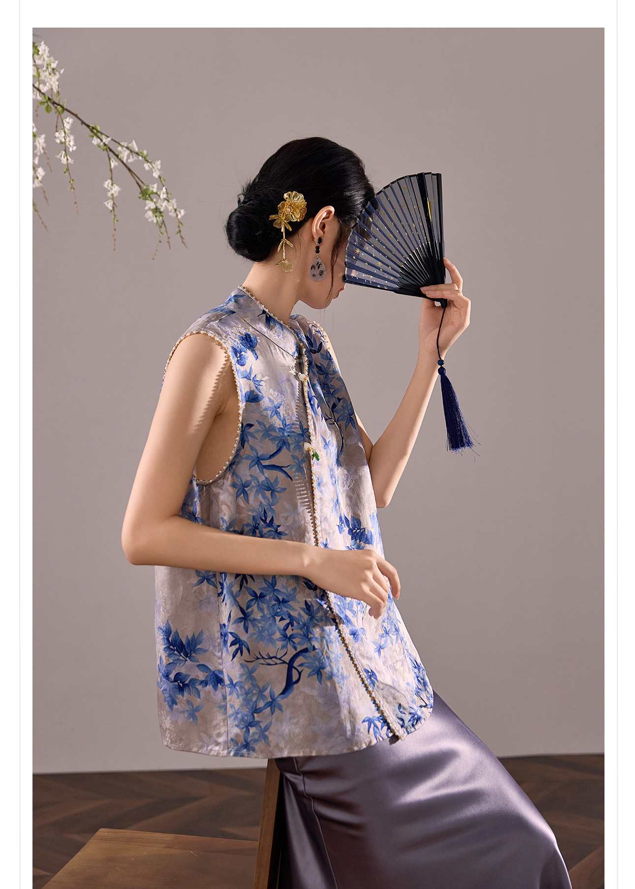 Áo vest gile nữ cổ đứng không tay phong cách cổ điển Trung Hoa, đính chuỗi hạt, mùa hè M8035 — màu xanh chi tiết 7