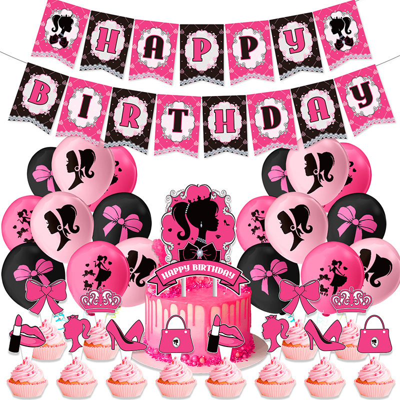 New Pink Barbie theme party decorations pull flag banner cake card balloon disposable tableware suit