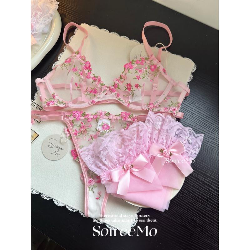 Verano super hermoso bordado dulce sexy malla sujetador conjunto de flores frescas de la niña pura ropa interior de la mujer