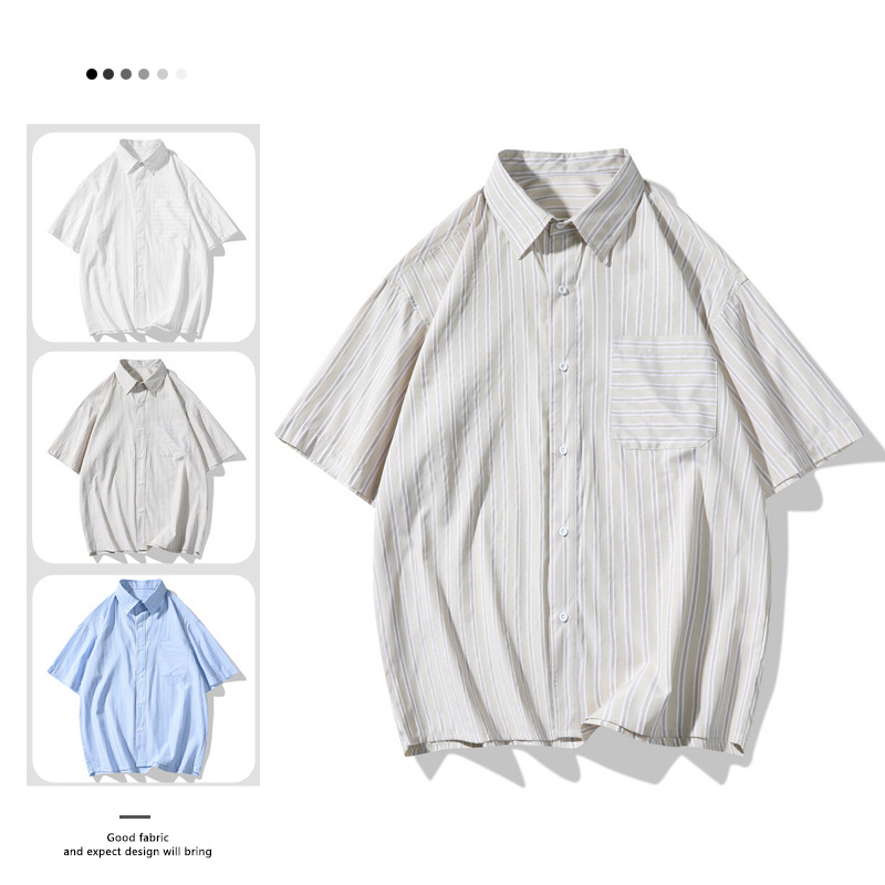 Textured Slightly Wrinkled Contrast Striped Short-Sleeved Shirt Men's Summer New Japanese Style Loose Casual Lapel Shirt Jacket