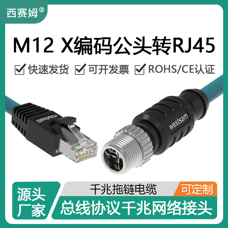 Xisaiem Cat6A Category 6A Network Cable 5m Adapter M12 Bus Control X-Type Male to Rj45 Connector