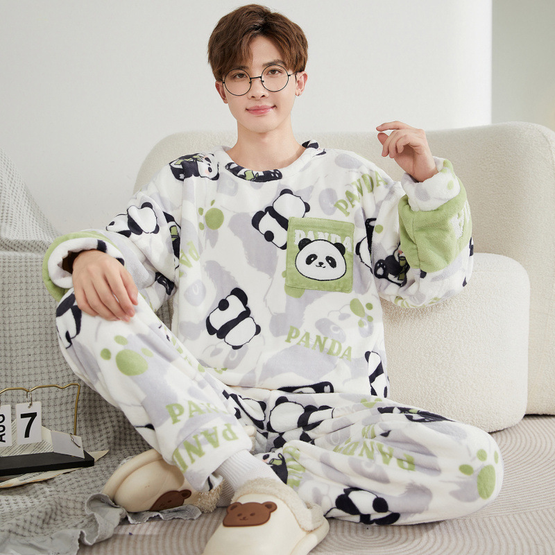 2025 Youth Autumn and Winter New Pajamas Men's Thickened Flannel Cute Cartoon Coral Fleece Home Clothing Set