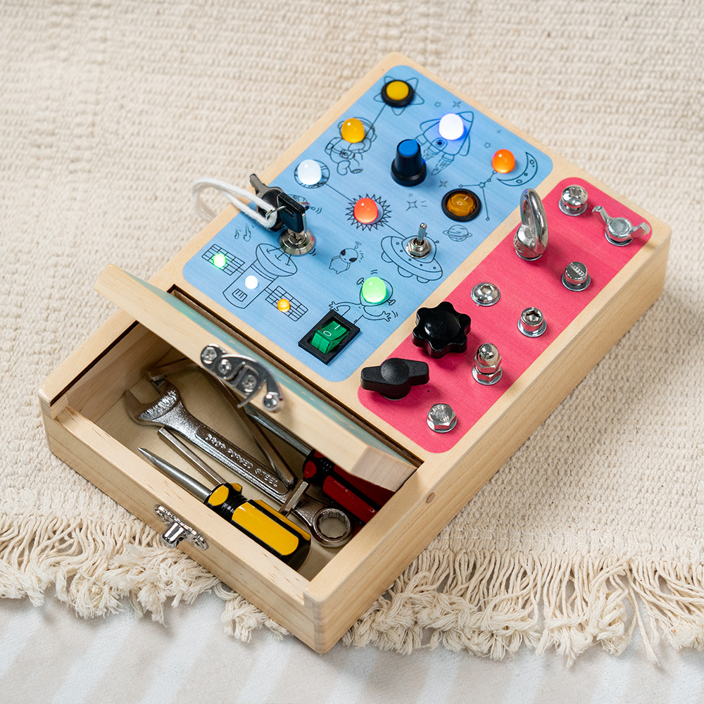 Tablero de actividades infantil transfronterizo de madera con interruptor LED y juego de destornilladores - Juguete de aprendizaje temprano Montessori