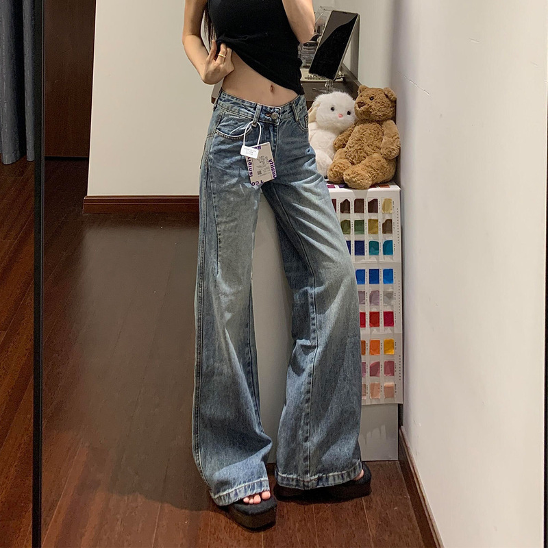 美式复古低腰微喇牛仔裤女2025新款设计感宽松显瘦直筒拖地喇叭裤|undefined