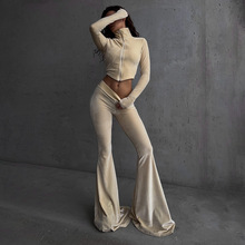D071PT欧美跨境2025春季性感辣妹修身针织设计感长裤时尚大喇叭裤
