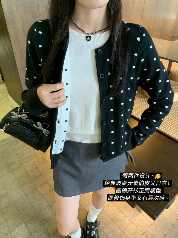 宋正恩黑色波点巨好看针织开衫外套女早秋韩系氛围感毛衣上衣|undefined