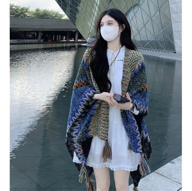 Yunnan Lijiang Shawl, Same Style as Xu Hongdou, Ethnic Style Travel Cape, Outerwear, Cloak, Scarf for Women