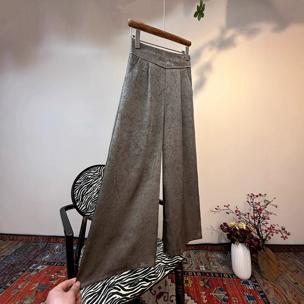 2025 новый блеск атласные широкие брюки с высокой талией вышивка легкая новая страна стиль эластические брюки повседневная женщина