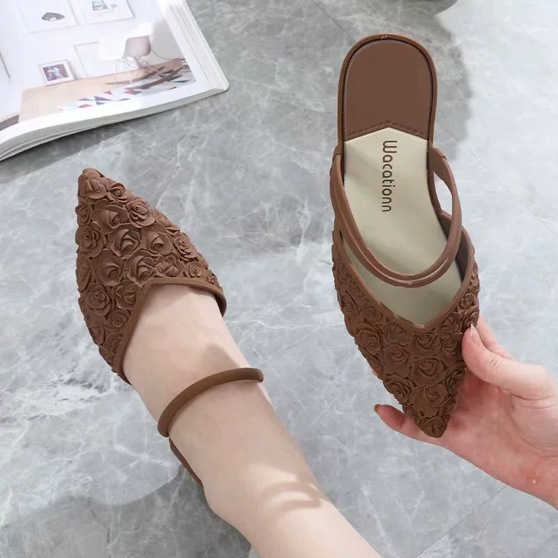 Ж women's slingback с низким блоком каблука, водостойкая пластиковая обувь, верх из цветочков с острым носком, EU 36–40
