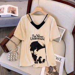 女装夏服ファッション洋気つなぎ偽半袖tシャツ女性デザイン感小衆がお腹を隠して痩せて見える上着