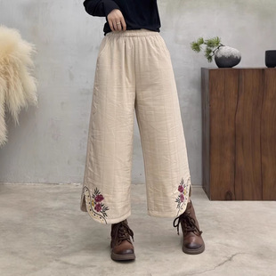24 Winter New Vintage Embroidered High Waist Cotton Linen Quilted Women's Wide Leg Cotton Pants Solid Color Loose Pants