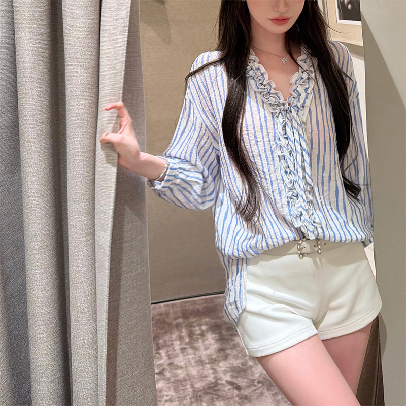 White Blue Striped Three-Dimensional Ruffled Loose Old Money Style Three-Quarter Sleeve Shirt Top