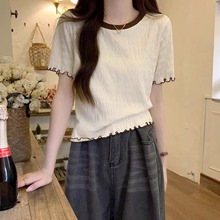 法式雪纺衫木耳边短袖t恤女夏2025新款通勤撞色短款正肩圆领上衣