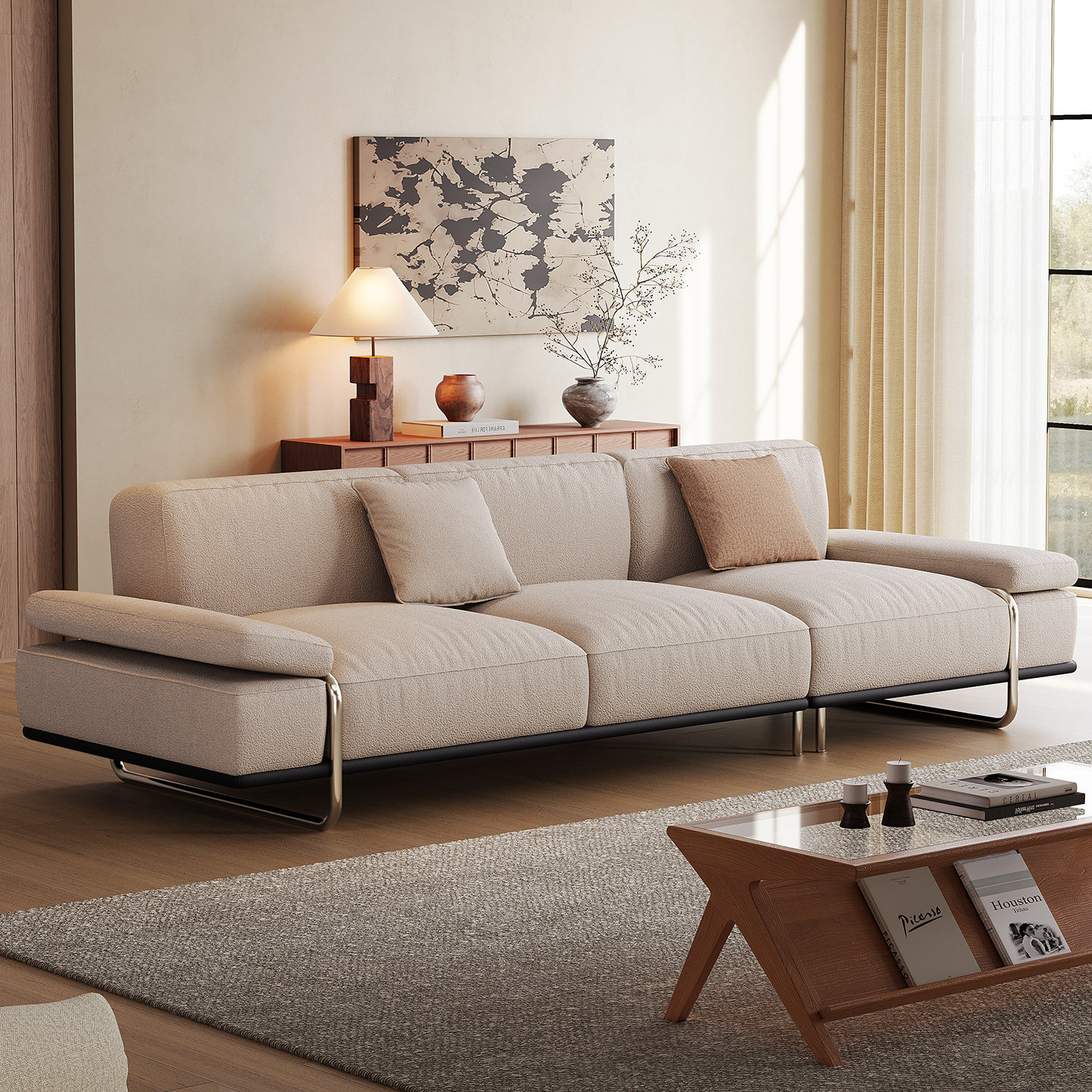 Sofá de tela minimalista italiano gran sofá plano recto sofá de viento crema hotel residencial proyecto de sofá personalizado