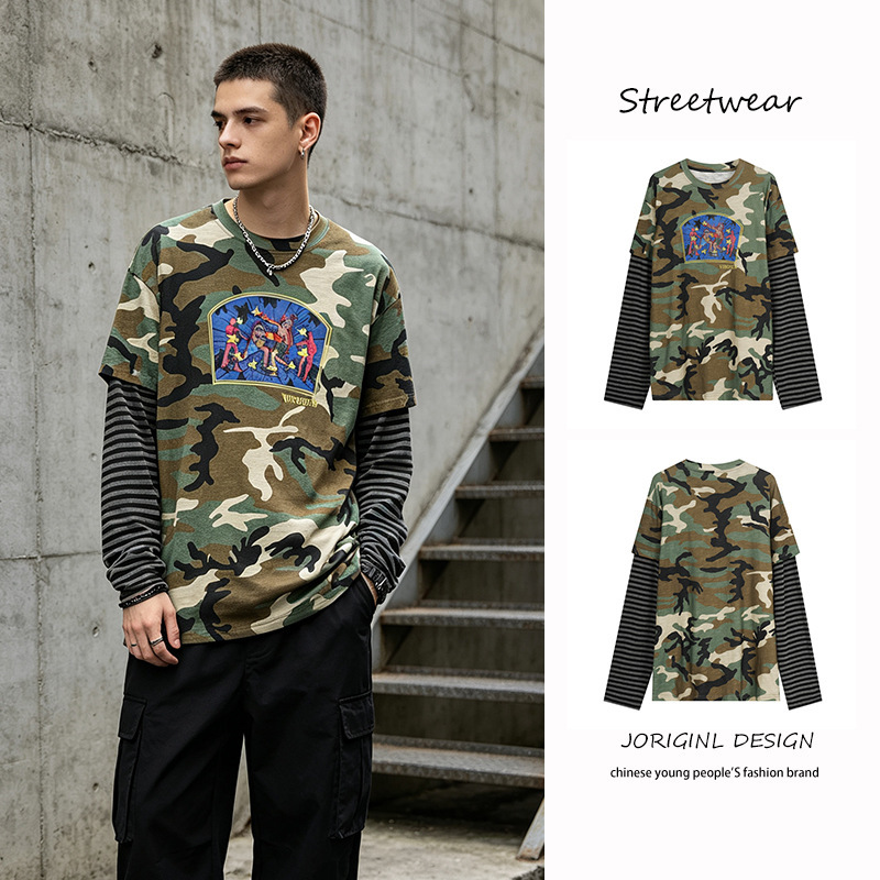 Camouflage boxer fake two-piece long-sleeve T-shirt for men and women, new autumn trendy layered street style patchwork top Camouflage boxer fake two-piece long-sleeve T-shirt for men and women, new autumn trendy layered street style patchwork top