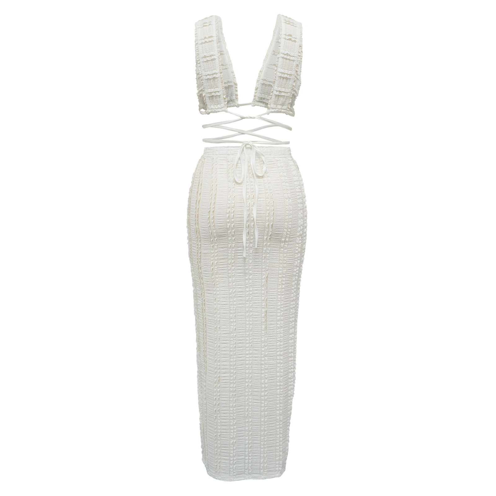 Completo da donna in denim con pizzo, senza maniche e schiena scoperta_voghion.com