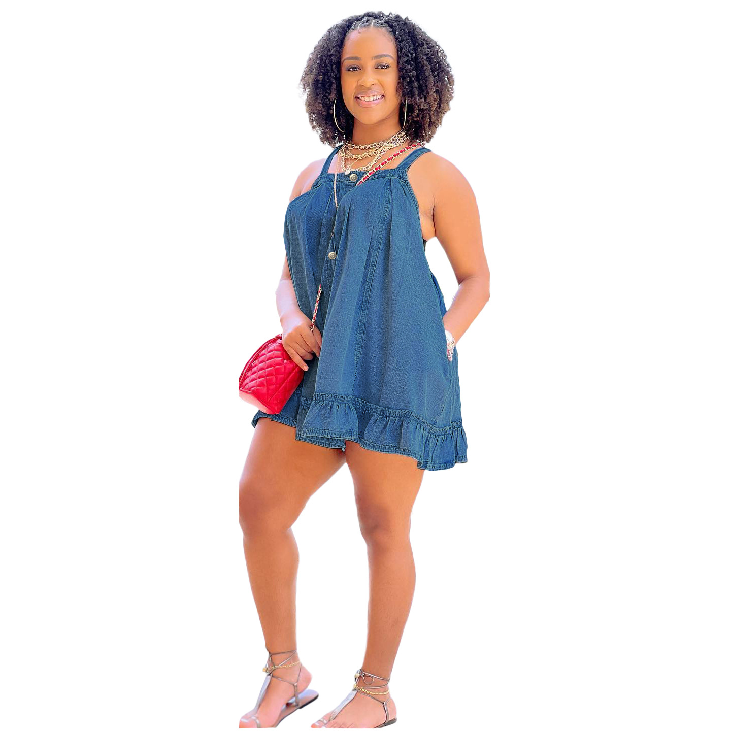 women's clothing Solid color suspenders button pocket loose washed denim dress_mkmklike.com