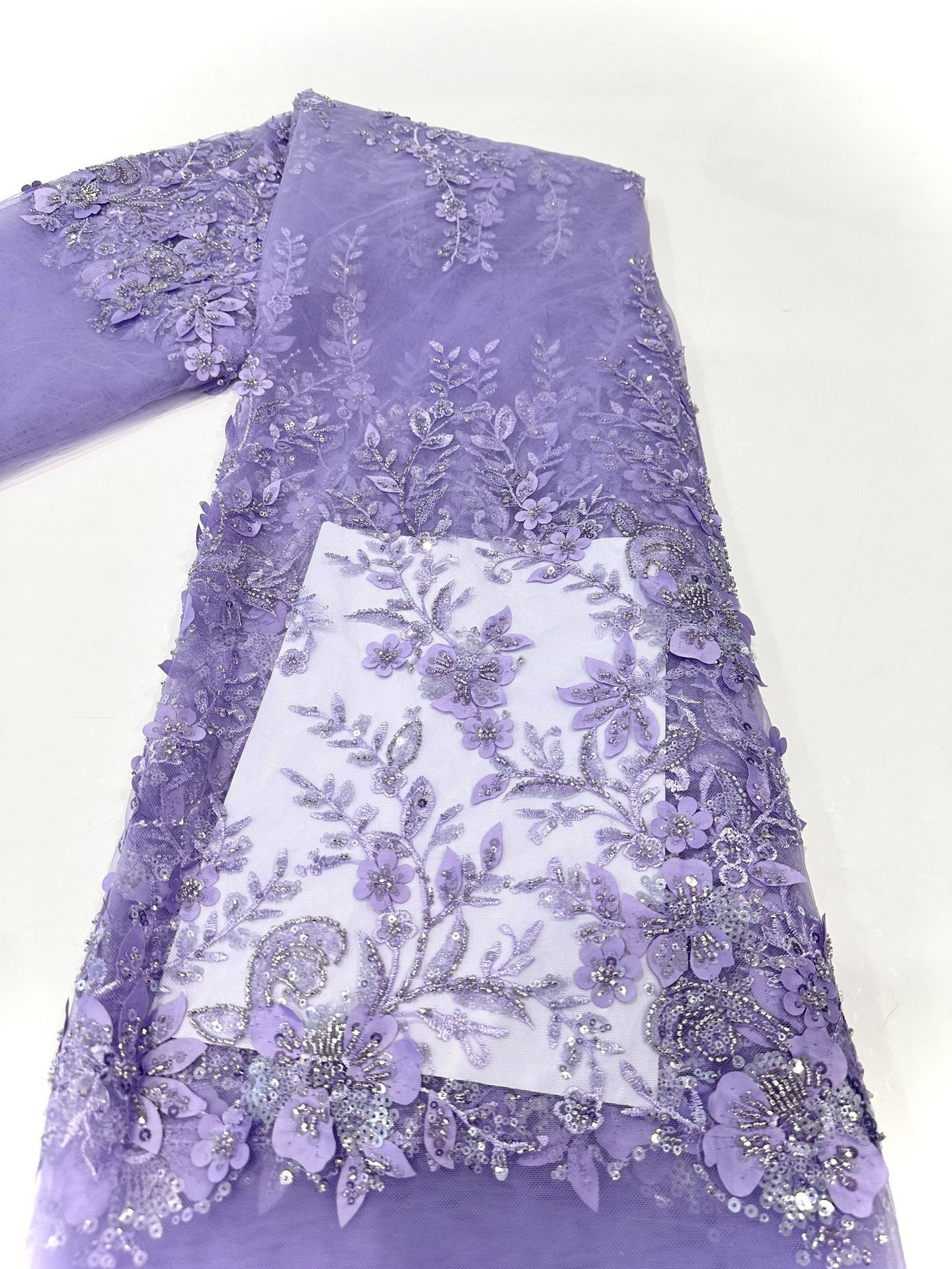 Flores láser tridimensionales sequinilla de plantas tela de tubo de perlas de alta fijación estilo antiguo vestido de boda vestido de tela