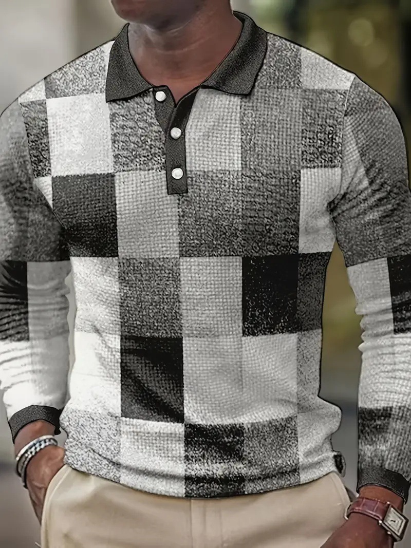 Personalidad retro tejido en contraste de color cuadrado estampado 3D casual suelto de manga larga camisa POLO de cuello con botones para hombres