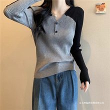 大码撞色拼接别致显瘦针织毛衣秋冬修身百搭打底衫上衣