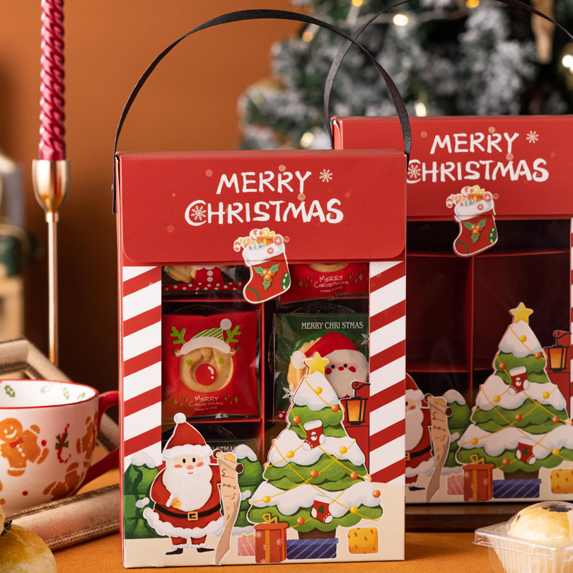 圣诞开窗手提礼盒 包装盒圣诞烘焙雪花酥蛋黄酥包装盒手提小礼盒