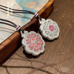 足银999微镶珐琅花套链新中式古法立体双面花朵纯银福字挂坠批发