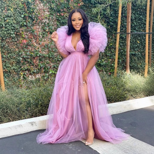 Cross-Border Hot Selling New Deep V Sexy Mesh High Slit Gauze Dress Prom Party European and American Amazon Gauze