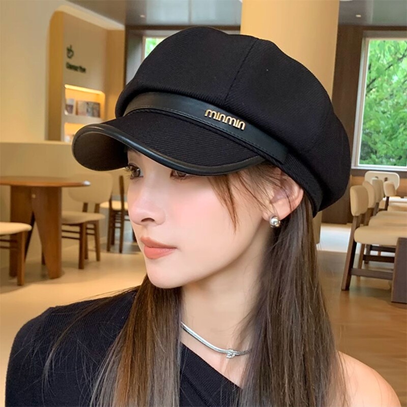 黑色pu皮质八角帽大头围贝雷帽秋冬画家帽女鸭舌帽英伦帽皮帽子|undefined