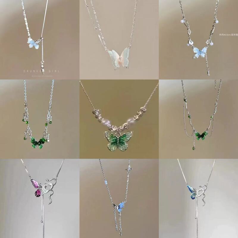 Mengli Green Butterfly ~ Mori Green Butterfly Necklace Women's Niche Light Luxury High Beauty Value Exquisite All-match Clavicle Chain