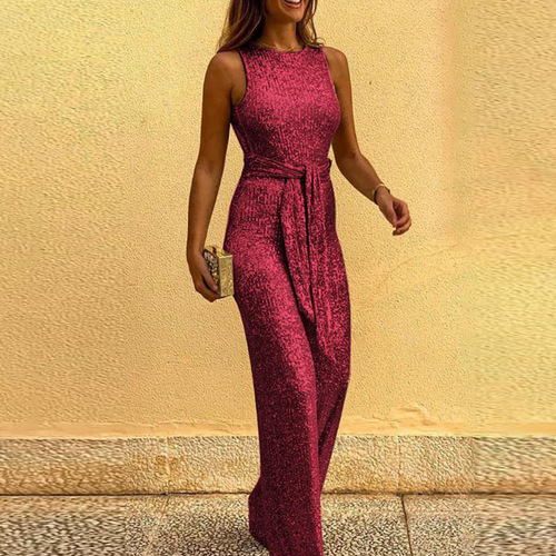 Wish Western-style round neck sleeveless personalized sparkling silver dot one-piece pants for women's clothing.