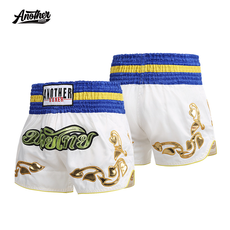 Anotherboxer White and Blue Boxing Pants, Thai Boxing Style Leather Embroidered Thai Boxing Shorts for Adults and Children