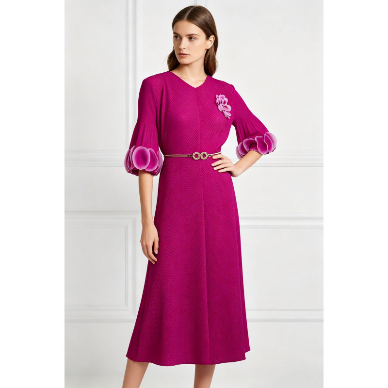 Cross-border foreign trade floral print bell-sleeve ruffled gradient color pleated dress with a cinched waist and dragon scale pleats, spring long dress Cross-border foreign trade floral print bell-sleeve ruffled gradient color pleated dress with a cinched waist and dragon scale pleats, spring long dress