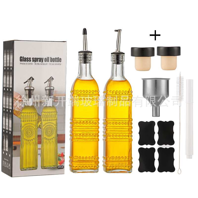 Botella de aceite de vidrio Amazon 500ml dispensador de olla de aceite de oliva verde oscuro Juego de botella de vinagre transfronterizo