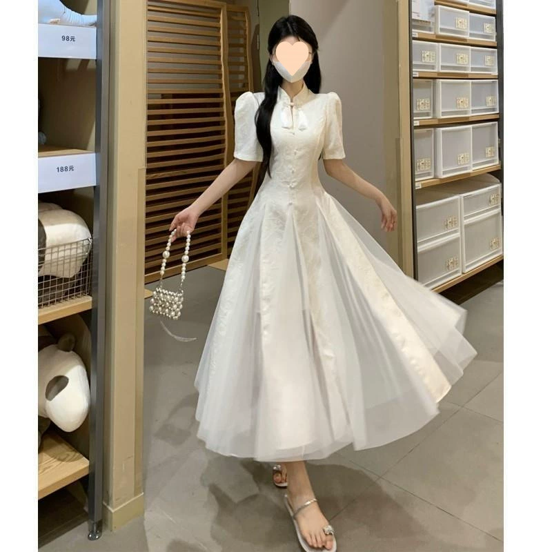 Модное китайское сетчатое платье Cheongsam в стиле ретро для женщин, летний дизайн, утягивающая длинная юбка с короткими рукавами