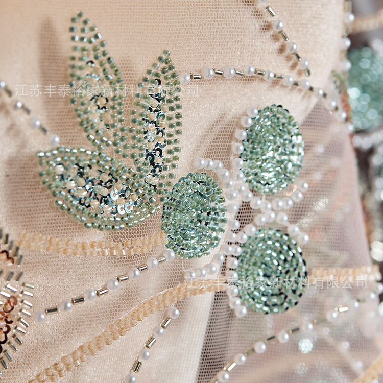 Tejido de malla bordada, tela de línea verde, flor de sequilla, cuentas de clavos, tela de malla bordada tridimensional, flores image 3