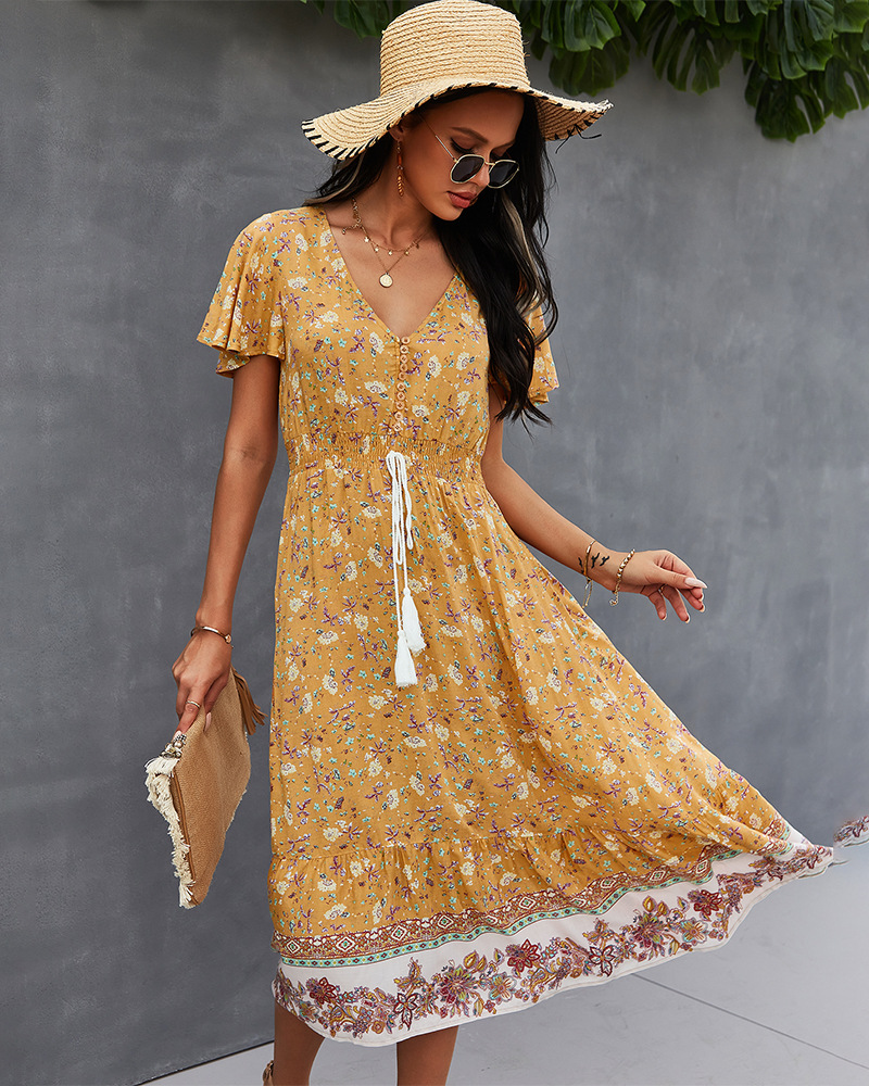 drawstring flower bohemian casual dress NSKA37622