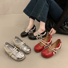MuXuan~6cm高さアップ浅口シングルシューズバレエ風スモールレザーシューズ2025超人気新スタイルスカート付きメリージェーン