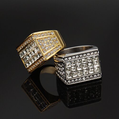 European and American brand new luxury men's ring, full of diamonds, 316 stainless steel square diamond Hip Hop ring