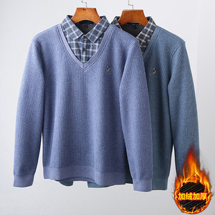 Fleece-lined thickened fake two-piece sweater men's winter warm shirt collar casual bottoming shirt sweater men's M1118