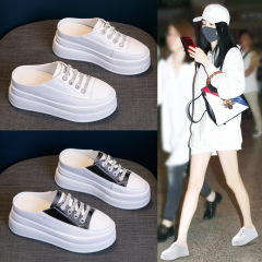 夏季新款外穿包頭半拖鞋女士厚底內增高小白松糕鞋涼拖鞋