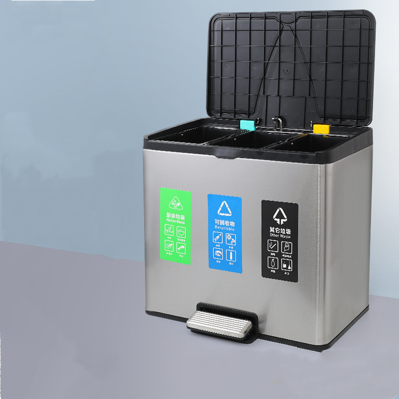 Household Kitchen Dry and Wet Separation Stainless Steel Classified Trash Bin Foot Trash Bin Living Room Double Barrel Three Barrel Office