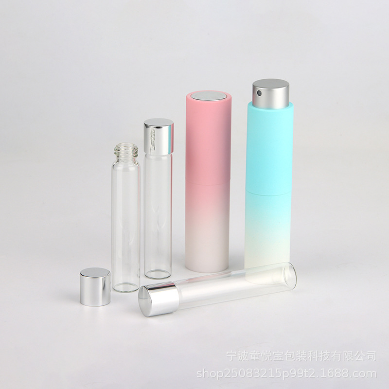 Fabricantes de botellas de perfume recargables telescópicas giratorias de 8 ml con pintura táctil y de color degradado, botellas de spray bucal, etc., en stock, entrega inmediata.