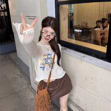 韩系甜美长袖镂空针织衫女夏新款独特别致罩衫毛衣短款气质上衣