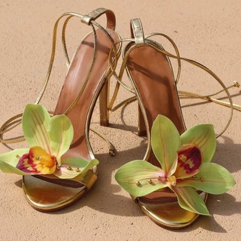 Cross-Border Flower Fashion Sandals, Strappy Stiletto Export Women's Shoes, Catwalk Style High Heels, Sandals